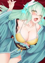 Rule 34 | 1girl, :o, absurdres, aqua hair, arm up, armpits, bad id, bad pixiv id, bare shoulders, bikini, bikini top only, blue fire, blush, breasts, cleavage, collarbone, colored eyelashes, cowboy shot, dragon horns, dutch angle, fang, fate/grand order, fate (series), fire, from above, gradient hair, hair between eyes, highres, horns, japanese clothes, kimono, kiyohime (fate), kiyohime (fate/grand order), kiyohime (swimsuit lancer) (fate), kiyohime (swimsuit lancer) (first ascension) (fate), large breasts, long hair, long sleeves, looking at viewer, looking up, matukurasouta, multicolored hair, off shoulder, open clothes, open kimono, open mouth, red background, ribbon, sash, shiny skin, standing, swimsuit, thighs, tsurime, very long hair, white hair, wide sleeves, yellow bikini, yellow ribbon
