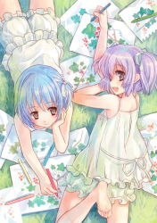 Rule 34 | 2girls, arm support, bad id, bad pixiv id, bare shoulders, barefoot, bloomers, blue hair, brown eyes, chemise, crayon, currant, drawing, feet, from above, gooseberry, grass, hair ribbon, head rest, light purple hair, lying, multiple girls, naruse chisato, on stomach, open mouth, original, ribbon, short hair, side ponytail, sidelocks, smile, underwear