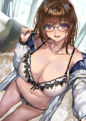 Rule 34 | 1girl, black-framed eyewear, bra, breasts, brown hair, cleavage, coat, couch, curtains, from above, glass, glasses, hand up, highres, huge breasts, indoors, large breasts, long hair, long sleeves, looking at viewer, navel, off shoulder, open clothes, open mouth, open shirt, original, outstretched arm, panties, pants, purple eyes, ran&#039;ou (tamago no kimi), smile, solo, standing, string panties, thighs, underwear, white bra, white panties, window