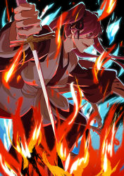 Rule 34 | 1girl, absurdres, black ribbon, bleach, bleach: sennen kessen-hen, blood, bloody weapon, blue fire, eyepatch, fighting stance, fire, hair between eyes, haori, highres, holding, holding sword, holding weapon, japanese clothes, katana, long hair, long sleeves, looking to the side, lower teeth only, obi, oinari (koheihei1109), open mouth, pink background, purple eyes, purple hair, ribbon, saitou furoufushi, sash, shinigami, smile, solo, sword, teeth, twintails, weapon, wide-eyed