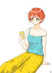Rule 34 | 1girl, absurdres, aqua shirt, artist name, artist request, bare shoulders, breasts, cellphone, cleavage, female focus, hair between eyes, highres, holding, holding phone, hoshizora rin, looking at viewer, love live!, love live! school idol project, natuki kou, orange hair, pants, phone, shirt, short hair, sitting, small breasts, solo, yellow eyes, yellow pants