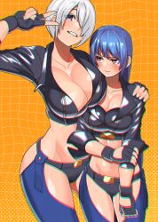 Rule 34 | 2girls, akisu k, alternate costume, angel (kof), angel (kof) (cosplay), blue eyes, blue hair, blush, breasts, chaps, cleavage, cosplay, cropped jacket, fingerless gloves, gloves, grid background, groin, hair over one eye, hand on another&#039;s shoulder, holding own arm, jacket, kula diamond, large breasts, leather, leather jacket, long hair, midriff, multiple girls, orange background, short hair, snk, the king of fighters, thighs, v, white hair