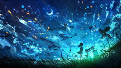 Rule 34 | 1girl, bare legs, black eyes, black hair, bubble, closed mouth, clownfish, commentary, crescent moon, dawn, dress, fish, flying fish, flying whale, glowing, grass, hair between eyes, highres, lantern, long hair, looking away, moon, original, outdoors, pagoda, rinneko (rinne paint), scenery, sky, solo, staff (music), standing, star (sky), star (symbol), starry sky, sunlight, torii, tree, tropical fish, water, whale, wide shot, wooden lantern
