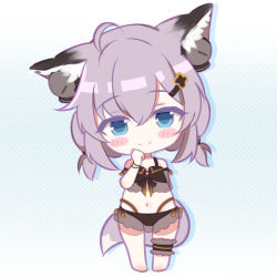 Rule 34 | 1girl, ahoge, animal ear fluff, animal ears, arknights, arm behind back, bare shoulders, barefoot, bikini, black bikini, blue eyes, blush stickers, chibi, closed mouth, commentary request, fox ears, fox girl, fox tail, full body, grey hair, hair between eyes, hair ornament, hairclip, hand up, highres, low twintails, navel, official alternate costume, rebaa, see-through, short twintails, smile, solo, standing, sussurro (arknights), swimsuit, tail, twintails