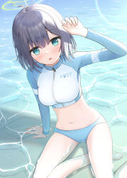 Rule 34 | 1girl, absurdres, bare legs, barefoot, blue archive, breasts, cpk prd, green eyes, halo, highres, large breasts, looking at viewer, medium hair, navel, ocean, official alternate costume, purple hair, rash guard, saki (blue archive), saki (swimsuit) (blue archive), solo, thighs