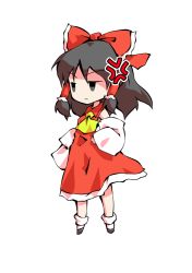 Rule 34 | 1girl, anger vein, angry, ascot, bare shoulders, black eyes, black footwear, bow, chibi, closed mouth, collar, collared dress, dairi, detached sleeves, dress, full body, grey eyes, grey hair, hair between eyes, hair ornament, hair tubes, hakurei reimu, hand on own hip, long sleeves, looking to the side, red bow, red dress, shaded face, shoes, short hair, simple background, sleeveless, sleeveless dress, socks, solo, standing, tachi-e, touhou, transparent background, white background, white sleeves, white socks, wide sleeves, yellow ascot