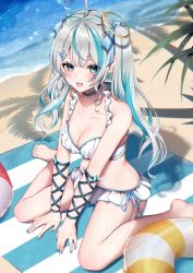 Rule 34 | 1girl, :3, :d, absurdres, ahoge, amau syrup, angel, arm support, bare shoulders, barefoot, beach, bikini, blue eyes, blue hair, blue nails, blue ribbon, breasts, cleavage, collarbone, colored tips, detached collar, earrings, foot out of frame, frilled bikini, frills, gem, hair between eyes, hair ornament, hair ribbon, hairclip, half-closed eyes, halo, heart, heart ahoge, heart tattoo, highres, indie virtual youtuber, jewelry, large breasts, long hair, looking at viewer, moy, multicolored hair, nail polish, ocean, open mouth, outdoors, panties, ribbon, ringlets, shadow, side-tie panties, silver hair, sitting, smile, soles, solo, striped ribbon, swimsuit, tattoo, toenail polish, toenails, tree, twintails, two-tone hair, underwear, virtual youtuber, wariza, white bikini