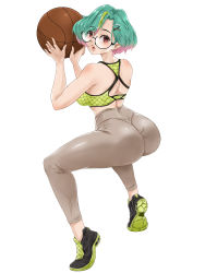 Rule 34 | 1girl, aqua hair, ass, back cutout, ball, basketball, basketball (object), black-framed eyewear, black footwear, breasts, capri pants, clothing cutout, colored shoe soles, colored tips, commentary, commission, earrings, english commentary, from behind, full body, glass, green footwear, green hair, green sports bra, high-waist pants, highres, holding, holding ball, impossible pants, jewelry, looking at viewer, medium breasts, multicolored hair, multiple earrings, original, pants, pink hair, red eyes, round eyewear, semi-rimless eyewear, shoes, short hair, skin tight, sneakers, solo, sports bra, streaked hair, tiptoes, turning head, under-rim eyewear, wani illustration, white background