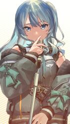 Rule 34 | 1girl, aji (eatfishfly), belt, blue eyes, blue hair, commentary, diagonal stripes, fingernails, green ribbon, highres, holding, holding microphone, hololive, hoshimachi suisei, hoshimachi suisei (streetwear), jacket, jacket partially removed, long sleeves, microphone, neck ribbon, official alternate costume, open clothes, open jacket, ribbon, short sleeves, solo, striped, striped background, upper body, virtual youtuber