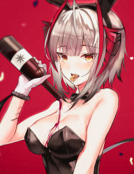 Rule 34 | 1girl, absurdres, ahoge, alcohol, alternate costume, animal ears, arknights, bad id, bad pixiv id, bare arms, bare shoulders, black bow, black bowtie, black hairband, black leotard, blush, bottle, bow, bowtie, breasts, cleavage, cork, demon horns, detached collar, fake animal ears, gloves, grey hair, hairband, highres, horns, large breasts, leotard, looking at viewer, medium hair, mouth hold, parted lips, playboy bunny, pouring, pouring onto self, rabbit ears, red background, red eyes, saliva, short hair, simple background, sion (im10042m), solo, sparkling eyes, strapless, strapless leotard, upper body, w (arknights), white gloves, wine, wine bottle, yellow eyes