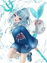 Rule 34 | 1girl, :d, animal costume, bloop (gawr gura), blue eyes, blue hair, blue hoodie, blunt bangs, fins, fish tail, gawr gura, gawr gura (1st costume), hair ornament, highres, holding, holding weapon, hololive, hololive english, hood, hoodie, inari (ambercrown), knee up, leg up, long hair, long sleeves, looking at viewer, multicolored hair, open mouth, polearm, shark costume, shark girl, shark hair ornament, shark tail, sharp teeth, shoes, silver hair, simple background, smile, sneakers, solo, standing, standing on one leg, streaked hair, tail, teeth, trident, two side up, upper teeth only, virtual youtuber, water drop, weapon, white background, white footwear, wide sleeves
