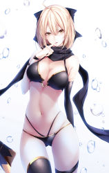 Rule 34 | 1girl, ahoge, bare shoulders, bikini, black bikini, black bow, black gloves, black scarf, black thighhighs, blonde hair, bow, breasts, elbow gloves, fate/grand order, fate (series), gloves, hair between eyes, hair bow, highres, looking at viewer, medium breasts, multi-strapped bikini, navel, okita j. souji (fate), okita j. souji (first ascension) (fate), okita souji (fate), okita souji (koha-ace), scarf, short hair, single elbow glove, single glove, single thighhigh, smile, solo, standing, stomach, swimsuit, thigh strap, thighhighs, yellow eyes, yoaferia