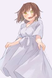 Rule 34 | 1girl, brown hair, dress, earrings, feet out of frame, furutaka (kancolle), hoop earrings, jewelry, kantai collection, one-hour drawing challenge, open mouth, short hair, simple background, skirt hold, smile, solo, suppaman (rfjy), white background, white dress, yellow eyes