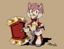 Rule 34 | 1girl, :d, amy rose, animal nose, artist name, boots, bracelet, breasts, claws, dress, fangs, full body, furry, furry female, green eyes, hammer, highres, holding, holding hammer, jewelry, looking at viewer, open mouth, red dress, simple background, smile, solo, sonic (series), sonic unleashed, zzzh1n