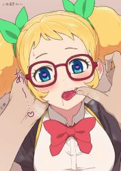 Rule 34 | 1girl, aikatsu! (series), blonde hair, blue eyes, blush, bow, brown jacket, commission, finger in another&#039;s mouth, glasses, green bow, grey background, hair bow, heart, heart-shaped pupils, jacket, juliet sleeves, long sleeves, looking at viewer, open mouth, osame, pov, pov hands, puffy sleeves, red-framed eyewear, red bow, saegusa kii, saliva, shirt, skeb commission, solo focus, symbol-shaped pupils, tongue, tongue out, twintails, upper body, white shirt