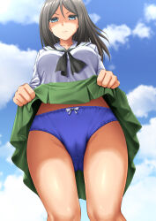 Rule 34 | 1girl, absurdres, black hair, black neckerchief, blouse, blue eyes, blue panties, blue sky, bow, bow panties, closed mouth, cloud, cloudy sky, commentary request, commission, crotch seam, day, from below, frown, girls und panzer, glaring, green skirt, half-closed eyes, highres, lifting own clothes, long hair, long sleeves, looking at viewer, miniskirt, neckerchief, nonna (girls und panzer), ooarai school uniform, outdoors, panties, partial commentary, pleated skirt, sailor collar, school uniform, serafuku, shirt, skeb commission, skirt, sky, solo, standing, swept bangs, underwear, white sailor collar, white shirt, zanntetu