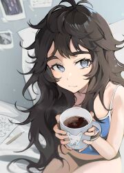 Rule 34 | 1girl, bare arms, blue eyes, blue shirt, blush, brown hair, closed mouth, coffee, cup, eyelashes, fang, hands up, highres, holding, holding cup, indoors, long hair, looking at viewer, messy hair, milka (milk4ppl), mug, original, panties, paper, pencil, shirt, siska (milka), sitting, skin fang, sleeveless, sleeveless shirt, steam, tearing up, underwear