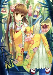 Rule 34 | 1girl, absurdres, bamboo, brown hair, highres, japanese clothes, kimono, long hair, takano yuki (allegro mistic)