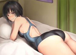 Rule 34 | amagami, ass, bare shoulders, bed, black eyes, black hair, black one-piece swimsuit, blush, breasts, embarrassed, looking at viewer, looking back, medium breasts, nanasaki ai, one-piece swimsuit, serizawa (serizawaroom), short hair, swimsuit
