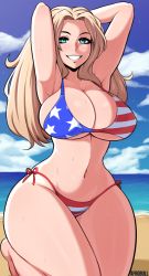 Rule 34 | 10s, 1girl, afrobull, american flag bikini, aqua eyes, armpits, arms up, bad id, bad tumblr id, bikini, breasts, cleavage, commentary, commission, curvy, day, english commentary, flag print, girls und panzer, groin, huge breasts, kay (girls und panzer), kneeling, light brown hair, long hair, narrow waist, navel, pinup (style), side-tie bikini bottom, solo, strap gap, sweat, swimsuit, thick thighs, thighs, underboob, united states, wet, wide hips