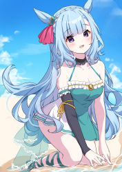 Rule 34 | 1girl, animal ears, bare shoulders, barefoot, blue hair, blush, breasts, casual one-piece swimsuit, choker, cleavage, cloud, day, detached sleeves, full body, green one-piece swimsuit, halterneck, highres, horse ears, horse girl, horse tail, kneeling, long hair, looking at viewer, medium breasts, mejiro ardan (umamusume), nut megu, one-piece swimsuit, outdoors, purple eyes, sand, single detached sleeve, solo, swimsuit, tail, umamusume, water