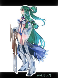 Rule 34 | 1girl, adapted costume, alternate costume, alternate hairstyle, armor, bare shoulders, black gloves, breasts, dated, frog, frog hair ornament, full body, gloves, greaves, green eyes, green hair, hair ornament, hair tubes, hand on own hip, highres, kochiya sanae, large breasts, letterboxed, long hair, looking away, matching hair/eyes, namauni, revealing clothes, see-through, simple background, snake hair ornament, solo, standing, sword, touhou, very long hair, weapon, white background