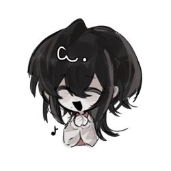 Rule 34 | 1boy, black hair, chibi, chibi inset, chibi only, chinese commentary, commentary request, cropped torso, hair between eyes, highres, jacket, la yuanyuanyuan, long hair, male focus, mo chengwei, mole beside mouth, musical note, open mouth, red shirt, shirt, simple background, smile, solo, touqi guaitan, white background, white jacket