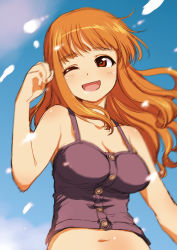 Rule 34 | 1girl, blue sky, blunt bangs, blurry, breasts, camisole, casual, cleavage, commentary, day, girls und panzer, head tilt, light particles, long hair, looking at viewer, medium breasts, one eye closed, open mouth, orange eyes, orange hair, outdoors, purple skirt, sakaki imasato, skirt, sky, smile, solo, takebe saori, upper body, wind