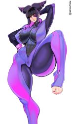 Rule 34 | 1girl, 2020, abs, absurdres, bodysuit, breasts, bursting breasts, crotch, drill hair, energy, eyepatch, fighting stance, fingerless gloves, gloves, han juri, highres, impossible bodysuit, impossible clothes, large breasts, leg up, looking at viewer, muscular, muscular female, nail polish, neroartbox, pink nails, smile, standing, standing on one leg, street fighter, street fighter v, toned, twin drills, zipper