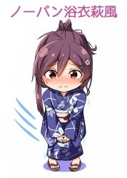 Rule 34 | 1girl, ahoge, alternate costume, blush, commentary request, embarrassed, full body, hagikaze (kancolle), hair ornament, hairclip, highres, japanese clothes, jewelry, kamelie, kantai collection, kimono, long hair, nose blush, ponytail, print kimono, purple hair, purple kimono, ring, sandals, simple background, solo, standing, translation request, wavy mouth, wedding band, white background, yellow eyes, yukata