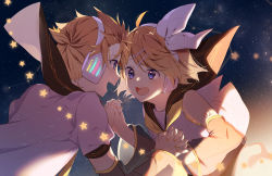 Rule 34 | 1boy, 1girl, :d, ahoge, arm warmers, black sailor collar, blonde hair, blue eyes, blush, brother and sister, constellation, detached sleeves, hair ribbon, headphones, highres, holding hands, kagamine len, kagamine rin, light particles, long sleeves, looking at another, nail polish, neckerchief, omutatsu, open mouth, ribbon, sailor collar, shirt, short hair, short sleeves, siblings, smile, star (symbol), swept bangs, teeth, transparent, twins, upper body, upper teeth only, vocaloid, white ribbon, white shirt, wind, yellow nails, yellow neckerchief