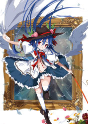 Rule 34 | 1girl, black footwear, black hat, blue hair, blue skirt, blush, boots, bow, broken glass, closed mouth, cross-laced footwear, feathered wings, floating hair, flower, food, framed, frills, fruit, glass, hair between eyes, hat, hat ribbon, hinanawi tenshi, holding, holding weapon, lace-up boots, leaf, lily (flower), long hair, loose clothes, low wings, navel, open clothes, open shirt, outstretched arms, over-kneehighs, peach, picture frame, puffy short sleeves, puffy sleeves, red bow, red eyes, red flower, ribbon, shards, shirt, short sleeves, skirt, smile, solo, standing, standing on one leg, sword of hisou, tetsurou (fe+), thighhighs, through medium, through painting, touhou, weapon, white background, white flower, white shirt, white thighhighs, white wings, wings, yellow flower