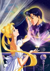Rule 34 | 1boy, 1girl, anime coloring, arm up, bare shoulders, bishoujo senshi sailor moon, black hair, blonde hair, chiba mamoru, crescent, crescent facial mark, curtains, detached sleeves, double bun, dress, earrings, endymion, facial mark, floating, floating object, from side, highres, jewelry, long hair, looking at another, princess serenity, profile, short sleeves, signature, tsukino usagi, twintails, very long hair, vladta, watermark, white dress