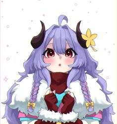 Rule 34 | 1girl, :o, ahoge, black horns, blush, bow, braid, flower, fur-trimmed kimono, fur trim, hair bow, hair intakes, highres, horn flower, horns, japanese clothes, kimono, kindred (league of legends), lamb (league of legends), league of legends, long sleeves, red eyes, ri ~yoku, simple background, spirit blossom kindred, twin braids, twintails, upper body, white background, yellow bow, yellow flower