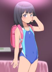 Rule 34 | 1girl, backpack, bag, bed, black hair, blunt bangs, blurry, bubukka, collarbone, competition swimsuit, covered navel, cowboy shot, depth of field, flat chest, himenogi rinze, indoors, looking at viewer, love r, one-piece swimsuit, purple eyes, purple one-piece swimsuit, randoseru, short hair, solo, standing, swimsuit