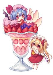 Rule 34 | 2girls, arms up, ascot, bat wings, blue hair, blush, cherry, chibi, commentary request, crystal, cup, dress, drinking glass, flandre scarlet, food, fruit, grapes, hair between eyes, hat, hat ribbon, holding, holding food, holding fruit, ice cream, kyouda suzuka, long hair, looking at viewer, looking up, lying, mini person, minigirl, mob cap, multiple girls, on stomach, one side up, parted lips, petticoat, pink dress, pink hat, puffy short sleeves, puffy sleeves, raspberry, red eyes, red footwear, red ribbon, red skirt, red vest, remilia scarlet, ribbon, shirt, shoes, short hair, short sleeves, siblings, simple background, sisters, skirt, standing, strawberry, sundae, touhou, vest, white background, white hat, white shirt, wings, yellow ascot