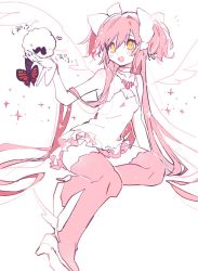 Rule 34 | +++, 1girl, :d, anthony (madoka magica), arm at side, blush, breasts, bug, butterfly, choker, cleavage, dot nose, facial hair, familiar (madoka magica), gloves, hair between eyes, hair ribbon, hand up, heart, high heels, insect, kaname madoka, light particles, long hair, mahou shoujo madoka magica, mahou shoujo madoka magica (anime), mustache, open mouth, pink hair, pink theme, pink thighhighs, pipi o (pipioo08), ribbon, simple background, sitting, small breasts, smile, solo, sparkle, sparkle background, teeth, thighhighs, two side up, ultimate madoka, upper teeth only, very long hair, white background, white choker, white footwear, white gloves, white neckwear, white ribbon, yellow eyes, zettai ryouiki