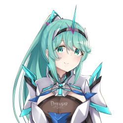 Rule 34 | 1girl, breasts, chest jewel, earrings, green eyes, green hair, highres, jewelry, large breasts, long hair, looking at viewer, pneuma (xenoblade), ponytail, sarasadou dan, simple background, smile, solo, spoilers, swept bangs, tiara, upper body, white background, xenoblade chronicles (series), xenoblade chronicles 2