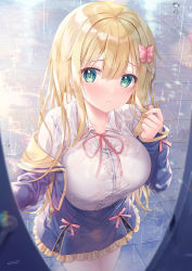 Rule 34 | 1girl, blonde hair, blue jacket, blue skirt, blurry, blurry foreground, blush, bow, bra visible through clothes, collared shirt, commentary request, cowboy shot, dress shirt, frilled skirt, frills, green eyes, hair bow, highres, inagaki minami, jacket, leaning forward, long hair, long sleeves, looking at viewer, neck ribbon, off shoulder, original, parted lips, pink bow, pink ribbon, rain, ribbon, shirt, signature, skirt, solo, sousouman, standing, wet, wet clothes, wet shirt