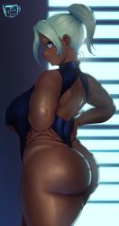 Rule 34 | 1girl, ass, back cutout, backlighting, black leotard, blush, breasts, clothing cutout, coffeeslice, commentary, cowboy shot, curvy, dark-skinned female, dark skin, english commentary, fat rolls, fingernails, from behind, hands on own hips, highleg, highleg leotard, highres, huge ass, huge breasts, large breasts, leotard, looking at viewer, looking back, original, plump, ponytail, purple eyes, revealing clothes, short ponytail, silver hair, solo, standing, sweat, swimsuit, thick thighs, thighs, thong leotard, underboob, underboob cutout, very dark skin, window shutter