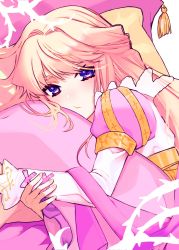 Rule 34 | 1girl, blonde hair, blue eyes, closed mouth, dress, highres, holding, holding pillow, long hair, long sleeves, looking at viewer, macross, macross frontier, pillow, pink dress, sechi (stst1850), sheryl nome, solo, two-tone dress, upper body, white dress