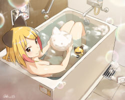 Rule 34 | 1girl, afloat, animal ears, bath, bathtub, blonde hair, blue hair, blush, breasts, bubble, cloba, closed mouth, collarbone, drain (object), dutch angle, faucet, indoors, looking at viewer, looking back, multicolored hair, nipples, original, partially submerged, red eyes, red hair, screen, signature, sitting, small breasts, smile, soap, soap bubbles, solo, thighs, tile floor, tiles, two-tone hair, water, water drop, wet, wet hair, wide hips, yellow eyes