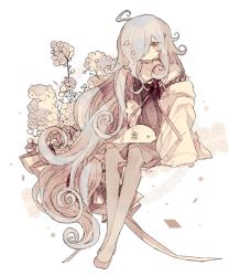 Rule 34 | ahoge, bad id, bad pixiv id, blue hair, choker, curly hair, dress, flower, full body, hair over one eye, long hair, looking at viewer, muted color, original, ribbon, sitting, solo, transparent background, wavy hair, yanafle