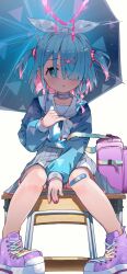 Rule 34 | 1girl, :o, arona (blue archive), bag, bandaid, bandaid on knee, bandaid on leg, blue archive, blue eyes, blue hair, blue shirt, blue umbrella, blush, bow, chair, choker, collarbone, commentary request, desk, hair ornament, hair over one eye, halo, highres, holding, holding umbrella, long sleeves, looking at viewer, melting, multicolored hair, nishi yasuaki, on desk, parted lips, pink hair, pleated skirt, puffy long sleeves, puffy sleeves, purple footwear, sailor collar, school chair, school desk, school uniform, serafuku, shirt, shoes, simple background, sitting, skirt, solo, two-tone hair, two side up, umbrella, white background, white bow, white choker, white sailor collar, white skirt, x hair ornament