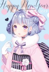 Rule 34 | 1girl, 2019, :d, animal ears, artist name, blue background, blue hair, blush, bow, commentary, english commentary, fur collar, gloves, hair bow, hair bun, happy new year, heart, japanese clothes, kimono, long sleeves, looking at viewer, new year, obi, open mouth, original, pink bow, pink kimono, rabbit ears, red eyes, sash, side bun, single hair bun, single side bun, smile, solo, striped, striped bow, upper body, vertical stripes, wasabi (sekai), white gloves, wide sleeves