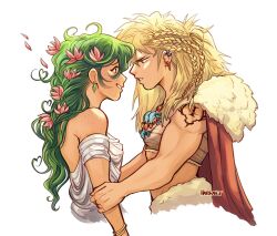 Rule 34 | 2girls, bakugou katsuki, bare arms, bare shoulders, blonde hair, body freckles, boku no hero academia, braid, cape, commentary, cropped torso, ear piercing, earrings, english commentary, flower, freckles, from side, fur-trimmed cape, fur trim, genderswap, genderswap (mtf), green hair, habkart, hair flower, hair ornament, hands on another&#039;s arms, heart, heart hair, highres, jewelry, long hair, looking at another, midoriya izuku, midriff, multiple girls, multiple necklaces, muscular, muscular female, necklace, piercing, red cape, shoulder tattoo, simple background, smile, tattoo, upper body, white background, yuri