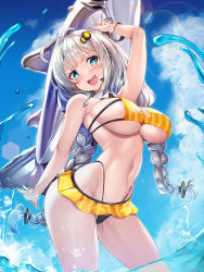 Rule 34 | 1girl, absurdres, ahoge, aqua eyes, bare arms, bikini, bikini skirt, blue sky, blunt bangs, bracelet, braid, breasts, cloud, commentary request, day, fangs, hair up, highleg, highleg bikini, highres, jewelry, kizuna akari, large breasts, lens flare, long hair, looking at viewer, navel, open mouth, outdoors, partially submerged, shark, sideboob, sky, smile, solo, standing, stomach, swimsuit, torisan, twin braids, underboob, very long hair, voiceroid, wet, white hair, yellow bikini