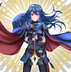 Rule 34 | 1girl, armor, black pants, blue cape, blue eyes, blue gloves, blue hair, blue jacket, brown hairband, cape, closed mouth, commission, cowboy shot, falchion (fire emblem), fingerless gloves, fire emblem, fire emblem awakening, floating hair, gloves, hair between eyes, hairband, hands on hilt, highres, jacket, kakiko210, long hair, looking at viewer, lucina (fire emblem), nintendo, pants, shoulder armor, skeb commission, solo, standing, very long hair