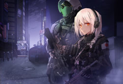 Rule 34 | 1boy, 1girl, absurdres, assault rifle, body armor, camouflage, cyberpunk, cyborg, earphones, finger on trigger, gloves, gun, highres, lamppost, looking at viewer, microphone, neon lights, original, panamuru, police, red eyes, rifle, serious, weapon, white hair