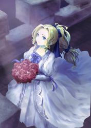Rule 34 | 1girl, asami2692, blonde hair, blue eyes, bouquet, celes chere, dress, female focus, final fantasy, final fantasy vi, flower, gown, high ponytail, highres, holding, holding bouquet, long hair, multi-tied hair, official alternate costume, solo, white dress